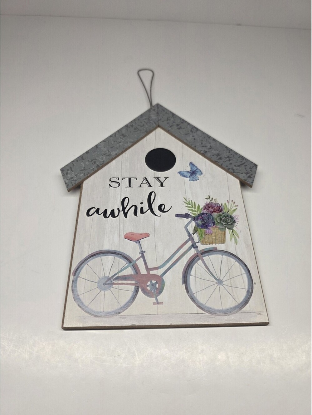 Hanging Wall Art Home Decor “Stay Awhile” Bike House/Flowers 6”x7.5” NEW